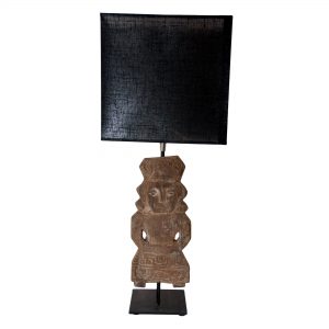 Wooden Incan Lamp with Black Oblong Shade