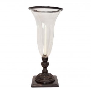 Haddon Antiqued Brass Ornate Hurricane Lamp on Square Base