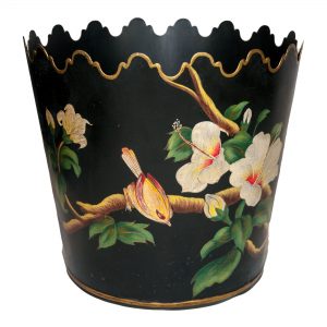 Round Black Scalloped Planter with Bird & Flower Deisgn  