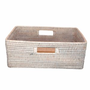 White Handwoven Rattan Rectangular Basket with Handles