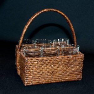 Natural Handwoven Rattan Basket with Six Glasses